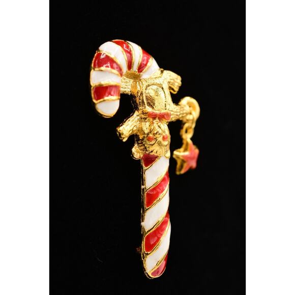 Vintage Christmas Candy Cane Pin Brooch Red White Enamel Gold Teddy Bear Bin7 - Picture 2 of 12